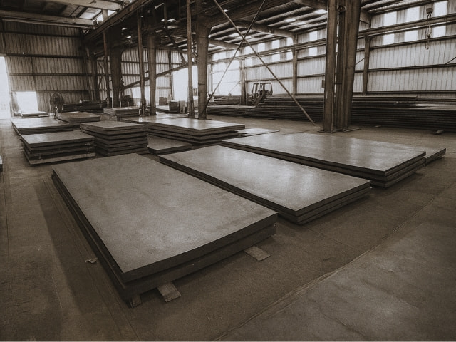 Steel plates stored in an industrial facility, ready for cut-to-length processing and custom coil slitting.